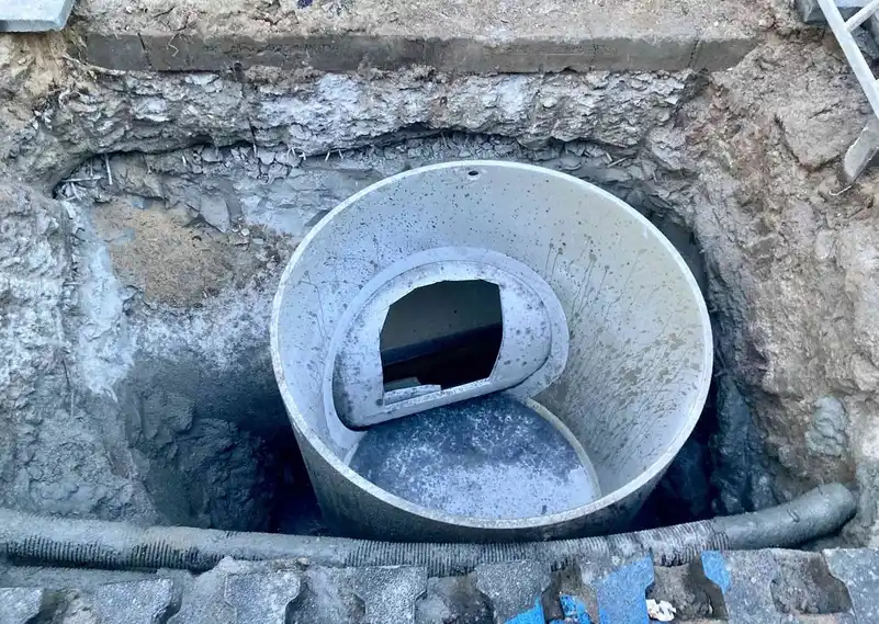 Vue de dessus d'un grand regard cylindrique en béton posé dans une fouille, avec un second tube emboîté à l'intérieur et un tuyau annelé en bordure