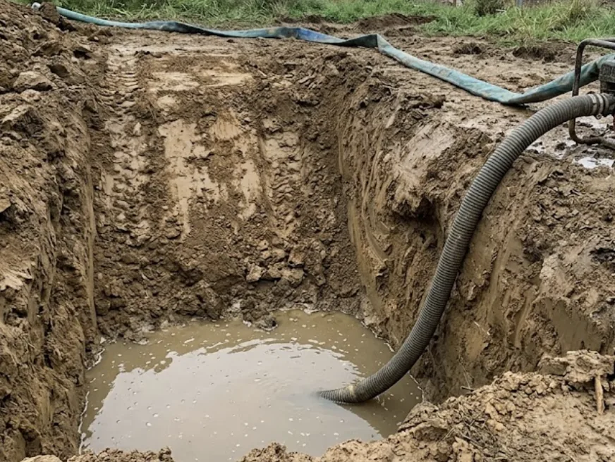 Fouille en terrain argileux avec de l'eau au fond et le tuyau d'une pompe de relevage